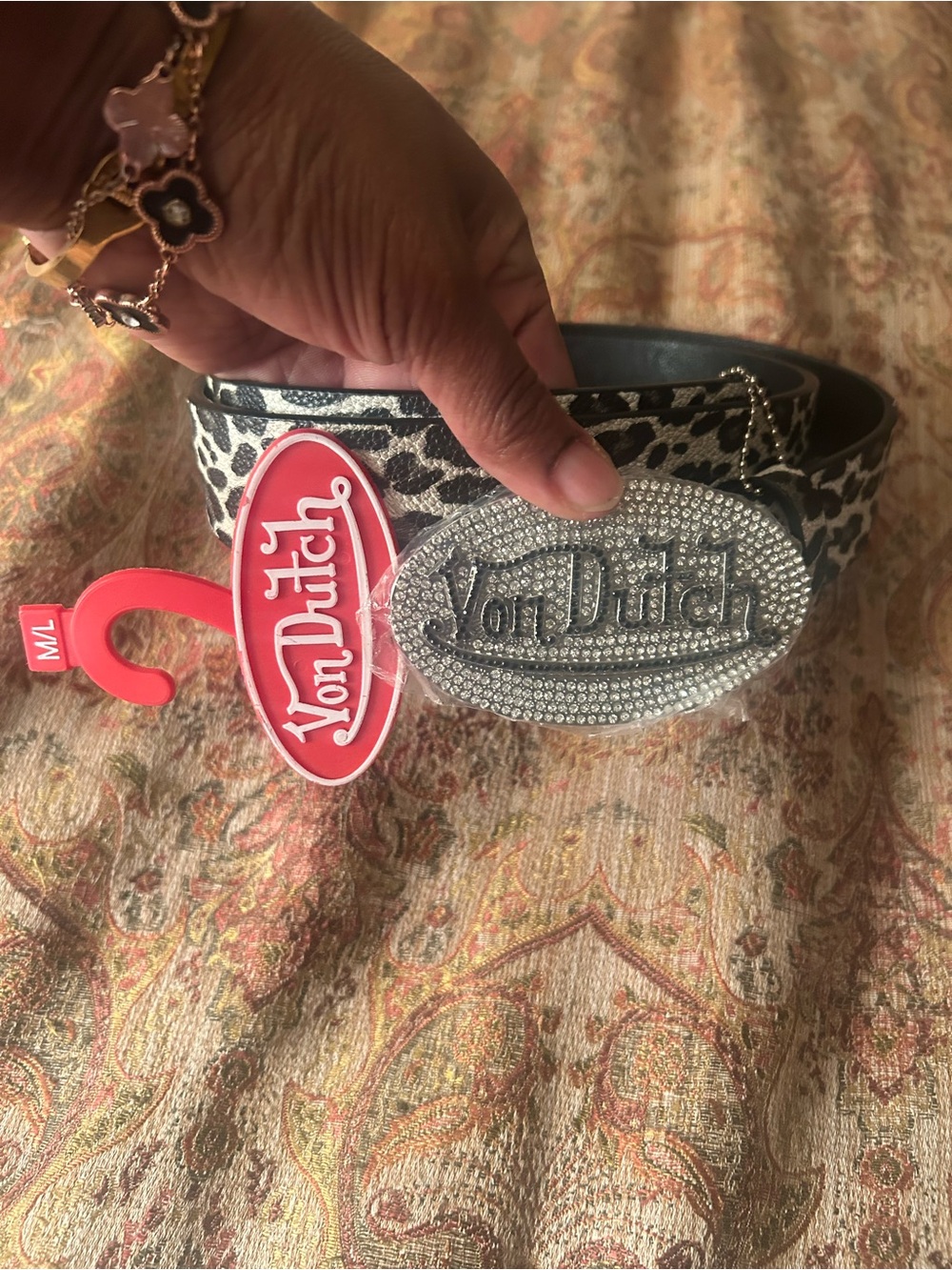 Von Dutch Black and White Leopard Print Belt with Crystal Logo Buckle